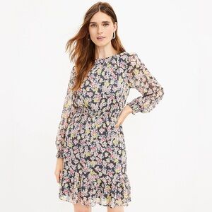 Loft Feminine Floral Ruffle Dress Sheer Long Sleeves Women’s Size Large